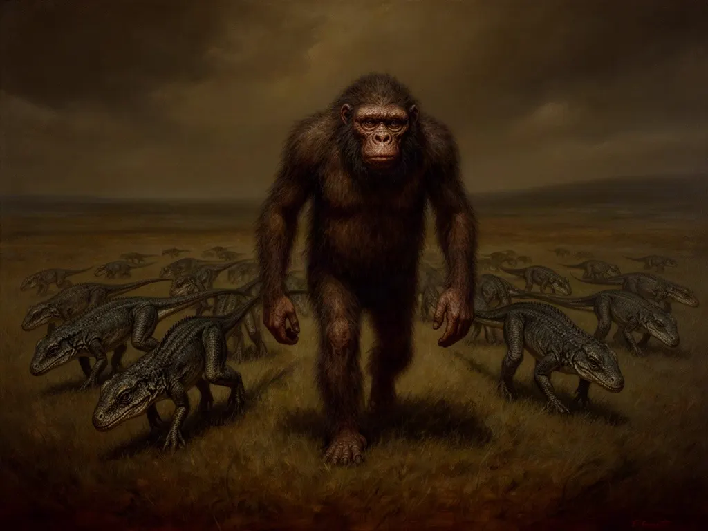 ภาพวาดสปีชีส์ คนเลี้ยงกิ้งก่า (Lizard Herders) (Lizard Herders) จากผลงานดัดแปลงของ Qu — ~0 ถึง 40 ล้านปีหลัง Qu และหลังจากนั้น