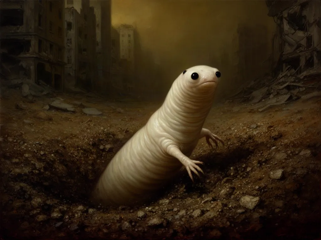 ภาพวาดสปีชีส์ หนอนมนุษย์ (Worms) (Worms) จากผลงานดัดแปลงของ Qu — ~0 ถึง 40 ล้านปีหลัง Qu มาถึง